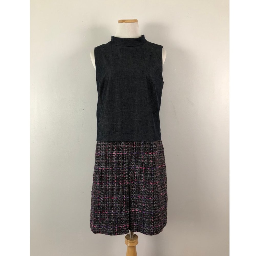 HALOGEN Dress Small Denim Gray Pink Tweed Skirt High Neck NWOT Size Small